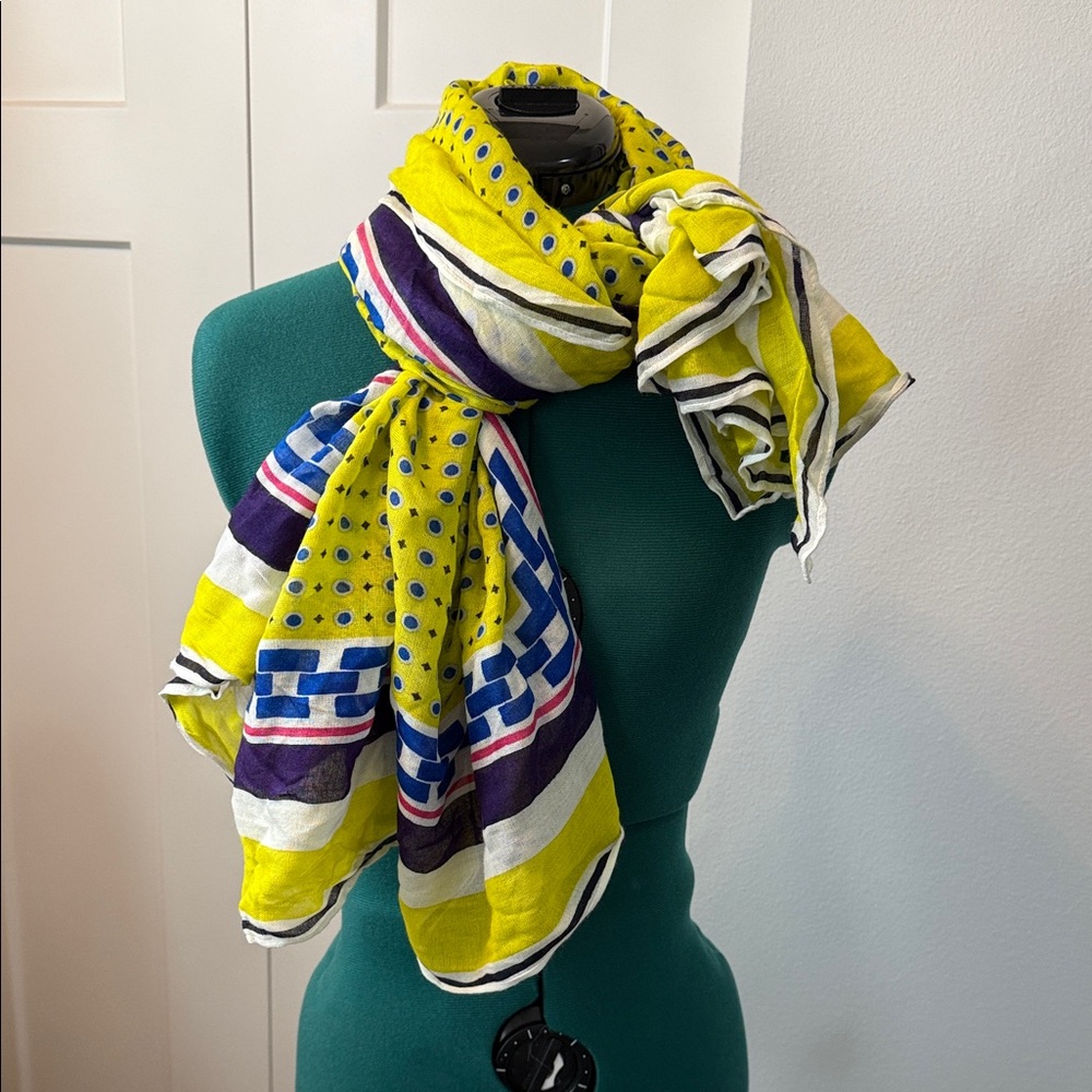 LOFT Bright Yellow Scarf with Blue, Purple, White and Pink Accents